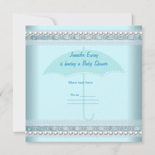 ベビーシャワーボーイベビーブルーティール（緑がかった色）傘ストライプ傘 招待状 (裏面)