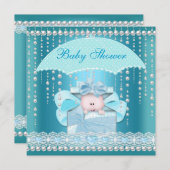 ベビーシャワーボーイベビーブルーパールアンブレラ 招待状 (正面/裏面)