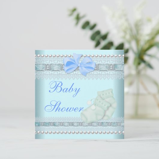 ベビーシャワーボーイベビーブルーブーティーパールレース 招待状 (スタンド正面)