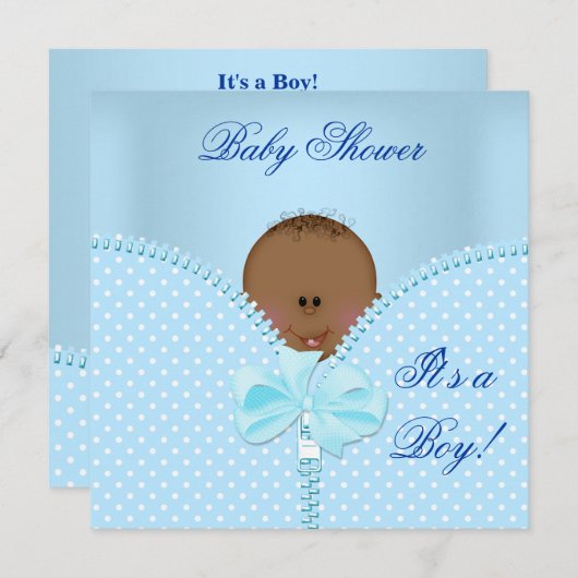 ベビーシャワーボーイベビーブルーホワイト水玉模様 招待状 (正面/裏面)