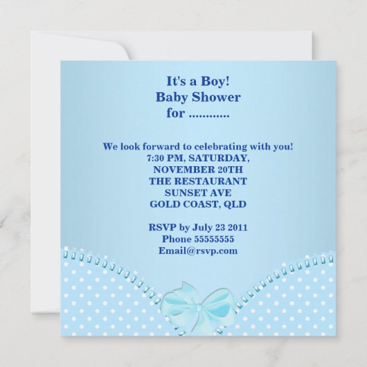 ベビーシャワーボーイベビーブルーホワイト水玉模様 招待状 (裏面)