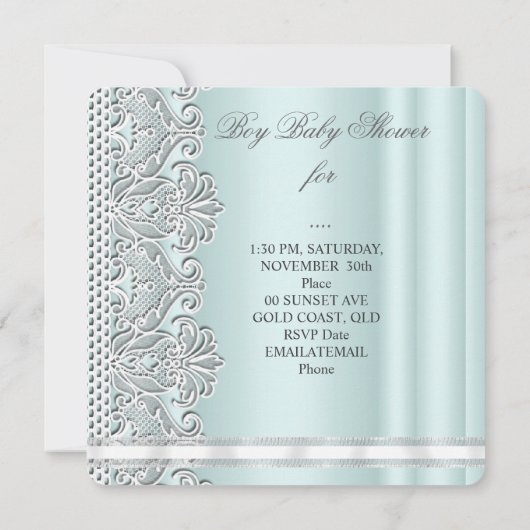 ベビーシャワーボーイミントブルーグレーホワイトレース 招待状 (裏面)