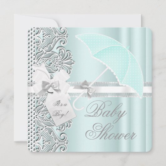 ベビーシャワーボーイミントブルーグレーホワイトレース 招待状 (正面)