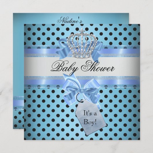 ベビーシャワーボーイ水玉模様ブループリンスクラウンブラック 招待状 (正面/裏面)