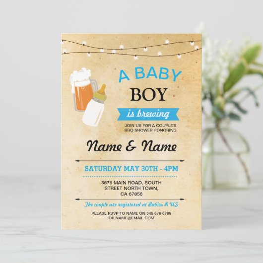 ベビーシャワーボーイ醸造用ビールブルー素朴招待状 招待状 (スタンド正面)