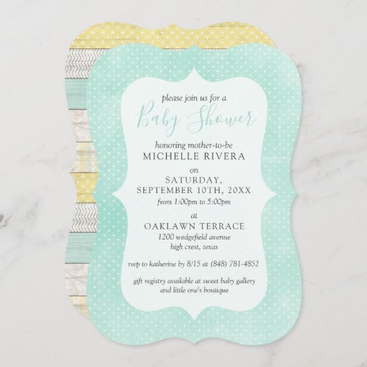 ベビーシャワーミントイエロー素朴ウッド男女兼用 招待状 (正面/裏面)