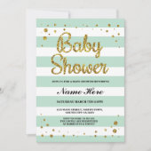 ベビーシャワーミントストライプ金ゴールドグリッターガール招待状 招待状 (正面)