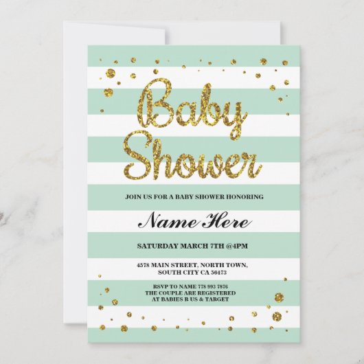 ベビーシャワーミントストライプ金ゴールドグリッターガール招待状 招待状 (正面)