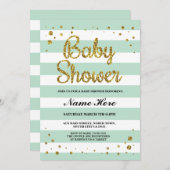 ベビーシャワーミントストライプ金ゴールドグリッターガール招待状 招待状 (正面/裏面)