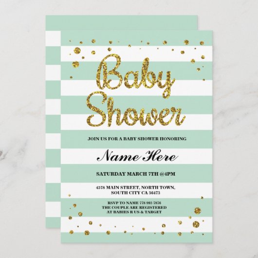 ベビーシャワーミントストライプ金ゴールドグリッターガール招待状 招待状 (正面/裏面)