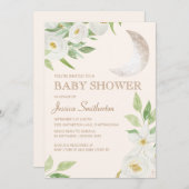 ベビーシャワームーンホワイトフローラ葉グリーン 招待状 (正面/裏面)