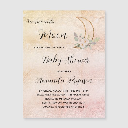 ベビーシャワームーン赤面バラ金ゴールドガールラグジュアリー マグネット招待状 (正面)