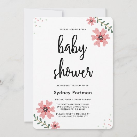 ベビーシャワーモダンかわいらしフローラ 招待状 (正面)