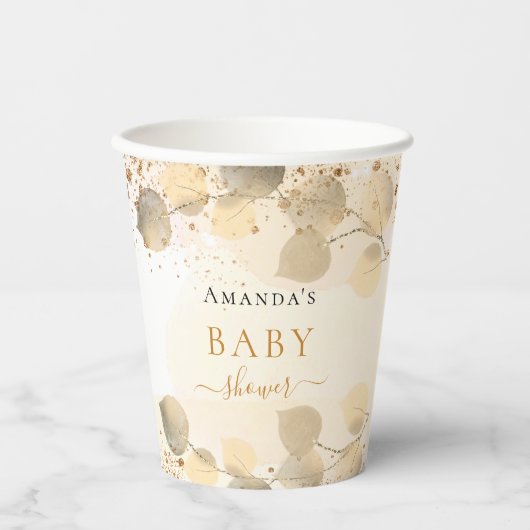 ベビーシャワーユーカリグリッターゴールデンネーム 紙コップ (正面)