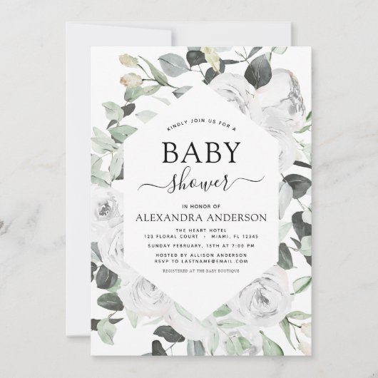 ベビーシャワーユーカリプトゥスフローラホワイトローズ 招待状 (正面)