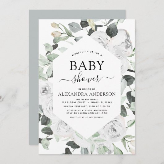 ベビーシャワーユーカリプトゥスフローラホワイトローズ 招待状 (正面/裏面)
