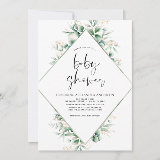 ベビーシャワーユーカリ植物幾何学 招待状 (正面)