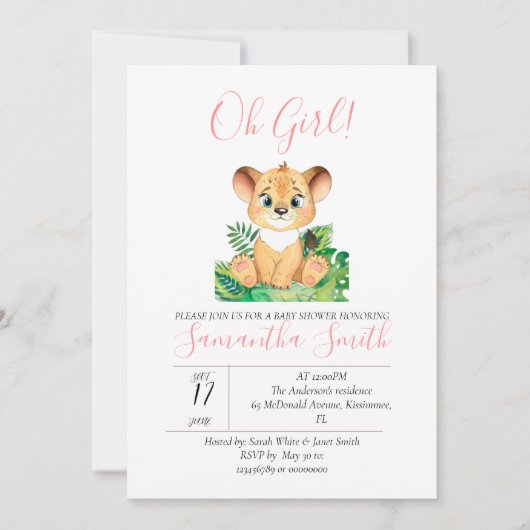 ベビーシャワーライオンジャングルウォーターカラー 招待状 (正面)