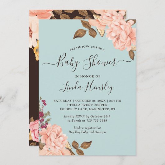 ベビーシャワーライトダスティブルー赤面バラフローラ 招待状 (正面/裏面)