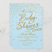 ベビーシャワーライトブルー&金ゴールド紙吹雪招待状 招待状 (正面/裏面)