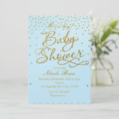 ベビーシャワーライトブルー&金ゴールド紙吹雪招待状 招待状 (スタンド正面)