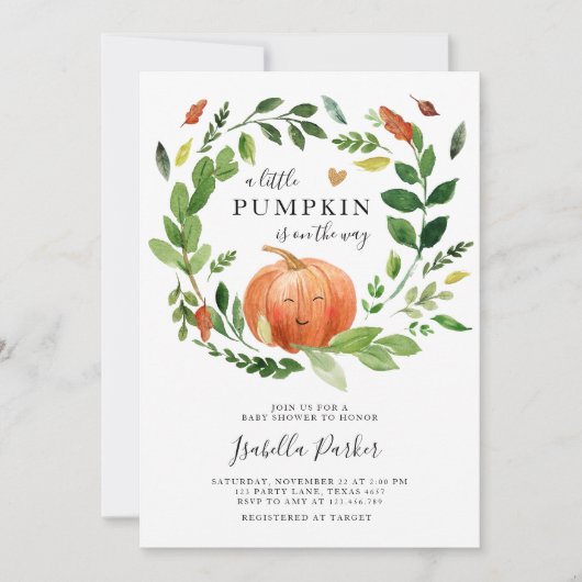 ベビーシャワーリトルカボチャ秋素朴緑 招待状 (正面)