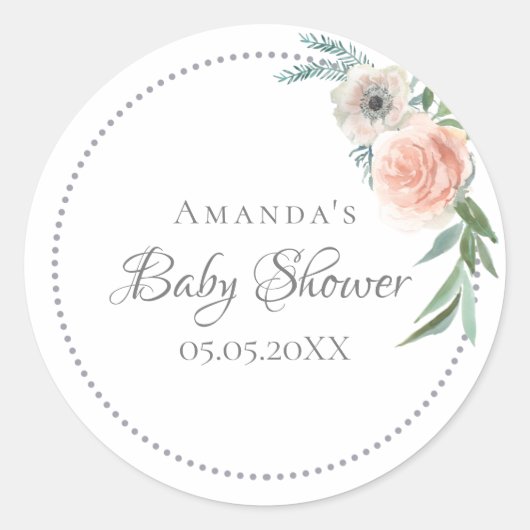 ベビーシャワーリース水色ピンク花模様 ラウンドシール (正面)