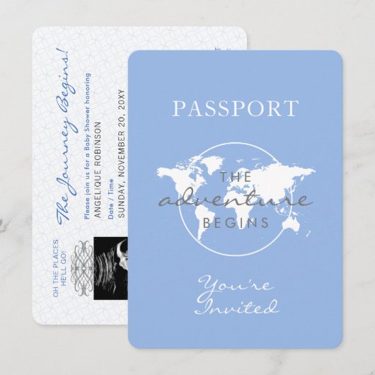 ベビーシャワールパスポートトラベルテーマダスティブルー 招待状 (正面/裏面)