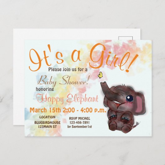 ベビーシャワーレインボー&エレファントドールアートアヌーン 案内ポストカード (正面/裏面)