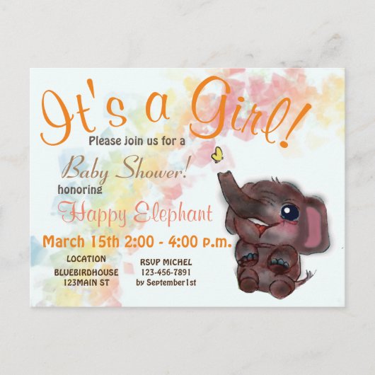 ベビーシャワーレインボー&エレファントドールアートアヌーン 案内ポストカード (正面)