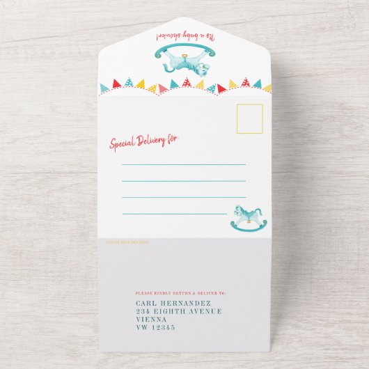 ベビーシャワーロッキングホビーアクアウォーター色 オールインワン招待状 (外側)