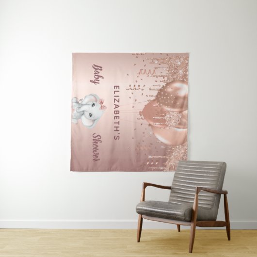ベビーシャワーローズゴールドの象の女の子の風船 タペストリー (インサイチュ(横))