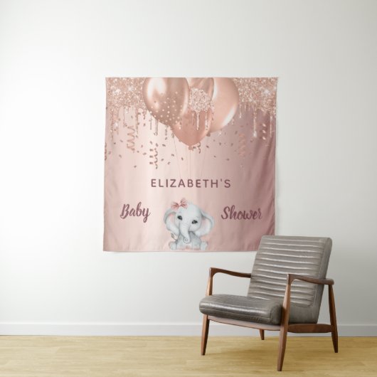 ベビーシャワーローズゴールドの象の女の子の風船 タペストリー (インサイチュ)
