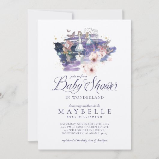 ベビーシャワーワンダーランド不思議の国の魔法のアリス 招待状 (正面)