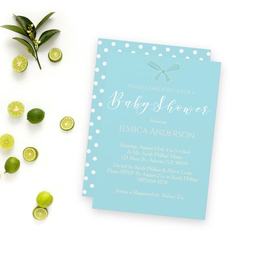 ベビーシャワーヴィンテージチャームティール（緑がかった色）ブルーボウ 招待状
