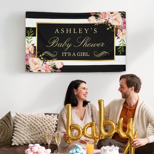 ベビーシャワーヴィンテージフローラストライプ白黒 横断幕