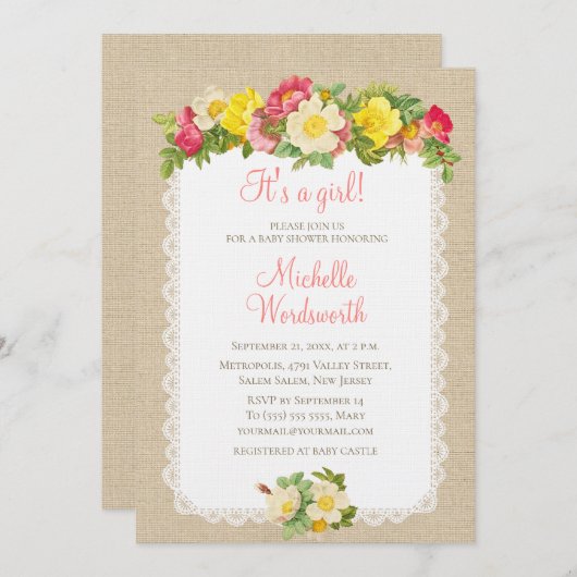 ベビーシャワーヴィンテージフローラリネン素朴招待状 招待状 (正面/裏面)