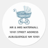 ベビーシャワーヴィンテージブルーおもちゃの乳母車アドレス ラウンドシール (正面)