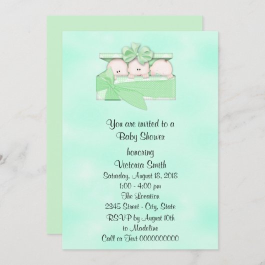 ベビーシャワー三つ子男女兼用ベビー 招待状 (正面/裏面)