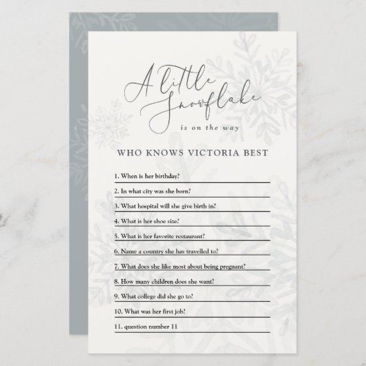 ベビーシャワー冬のスノーフレーク男女兼用クイズ (正面/裏面)