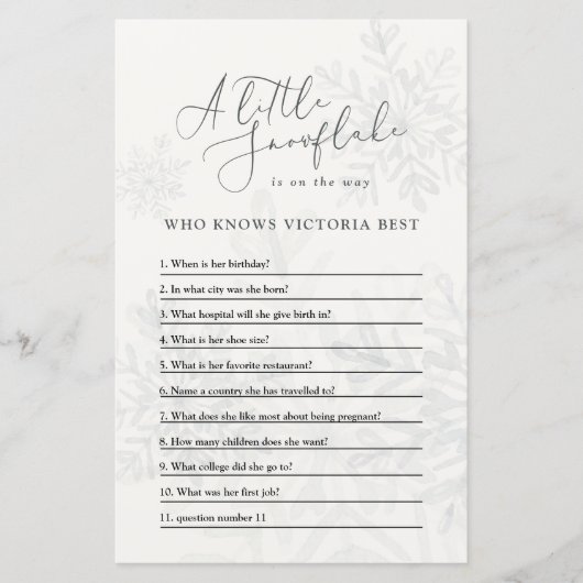ベビーシャワー冬のスノーフレーク男女兼用クイズ (正面)