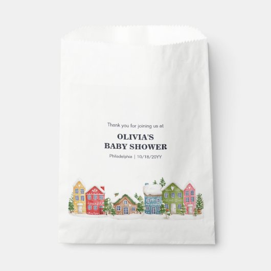 ベビーシャワー冬の雪の村 フェイバーバッグ (正面)