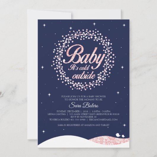ベビーシャワー外で冷たいネイビーピンクの輝き 招待状 (正面)