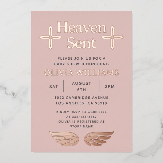 ベビーシャワー天国送信クロスエンジェルバラ金ゴールド 箔招待状 (正面)