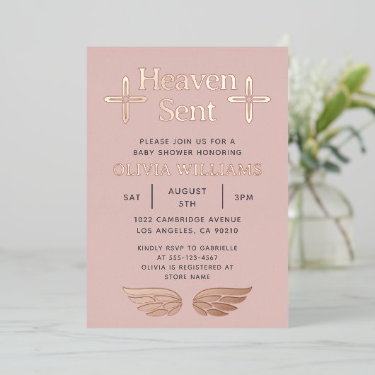 ベビーシャワー天国送信クロスエンジェルバラ金ゴールド 箔招待状 (立ち正面)