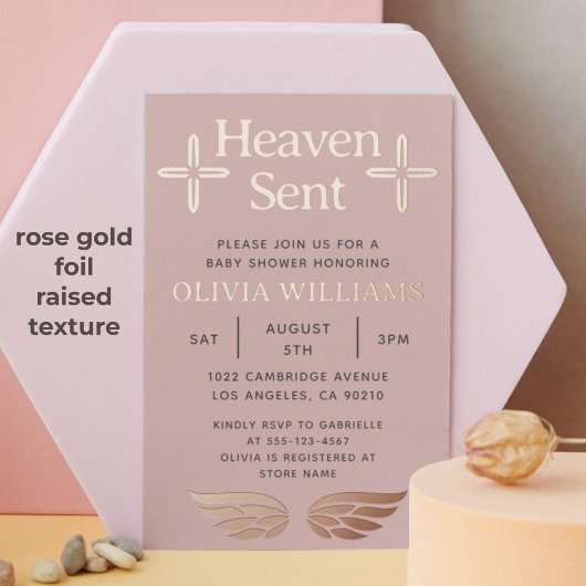 ベビーシャワー天国送信クロスエンジェルバラ金ゴールド 箔招待状