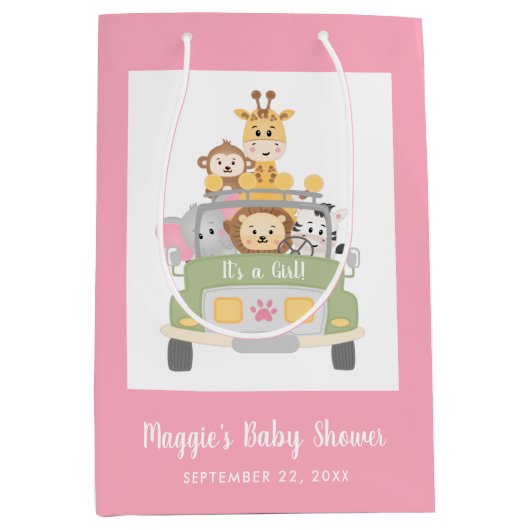 ベビーシャワー女の子サファリピンクありがとう ミディアムペーパーバッグ (正面)