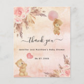 ベビーシャワー女の子テディベアのパンパサンキューカード (正面)