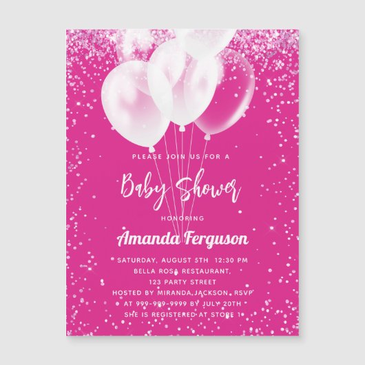 ベビーシャワー女の子ホットピンクの白いバルーン贅沢 マグネット招待状 (正面)