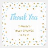 ベビーシャワー好意スティッカーズブルー金ゴールドグリッター スクエアシール (正面)